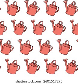 Seamless vector pattern with a garden watering can. Garden red tools. A vivid picture for fabric, wallpaper, clothes. A repeating element on a white background. Spring planting of crops.