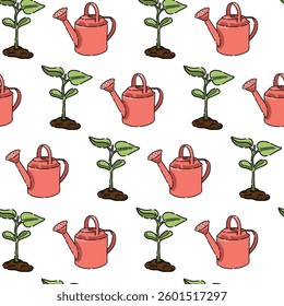 Seamless vector pattern with a garden watering can. Garden red tools. A vivid picture for fabric, wallpaper, clothes. A repeating element on a white background. Spring planting of crops.