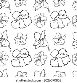 Seamless vector pattern with garden and wildflowers in black line on white isolated background.Botanical,floral hand drawn doodle style print.Designs for textiles,fabric,wrapping paper,scrapbook paper