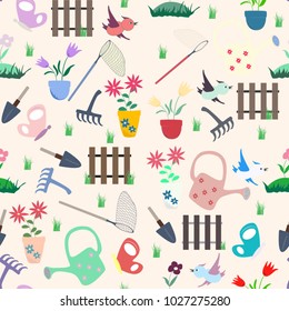 Seamless vector pattern gardener on a light pink background