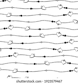 Seamless vector pattern of garlands with hearts and beads. black and white. Horizontal stripes