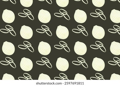 Seamless vector pattern of garlic bulbs and kitchen scissors in simple flat style. Perfect for kitchen decor, culinary packaging, and food-themed projects.