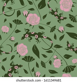 Seamless vector pattern with gecko and roses on green background. Floral wallpaper design with lizards. Beautiful flower bush.