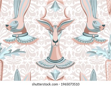 
Seamless vector pattern of gems similar to diamonds, goat, rabbit and carrot. Original trendy texture background with unusual characters