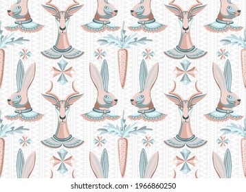 
Nahtlose Vektormuster von Edelsteinen, ähnlich Diamanten, Ziegen, Kaninchen und Karotten. Origineller, trendiger Texturhintergrund mit ungewöhnlichen Zeichen