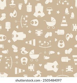 Seamless vector pattern with gender neutral newborn baby accessories, textile, wrapping, scrapbook