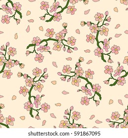 Seamless vector pattern with gentle branch of cherry blossoms.