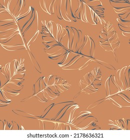 Seamless vector pattern with gentle feather texture on beige background. Simple soft leaf wallpaper design. Decorative brown home decor fashion textile.