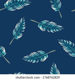 Seamless vector pattern with gentle feathers on dark blue background. Beautiful relaxing wallpaper design. Elegance fashion fabric style.