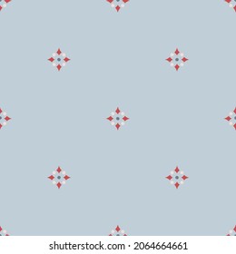 Seamless vector pattern with gentle flower dots tile on blue background. Simple geometrical flower wallpaper design. Decorative monochrome fashion textile.