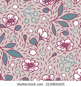 Seamless vector pattern with gentle flowers on light pink background. Romantic vintage floral wallpaper design. Decorative flower bloom fashion textile.