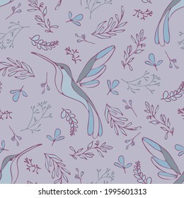 Seamless vector pattern with gentle hummingbird on pink background. Simple romantic vintage wallpaper design. Decorative love bird fashion textile.