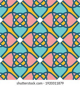 Seamless vector pattern with gentle pastel window texture on yellow background. Romantic mosaic wallpaper design. Decorative  Moroccan fashion textile.