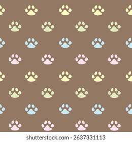 Seamless vector pattern of gentle pastel paw prints (yellow, green, pink, blue) on a soft brown background. Perfect for baby and pet-themed designs.