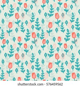 Seamless vector pattern with gentle pink tulips and green leaves on light mint background.  Floral background for dress, manufacturing, wallpapers, prints, gift wrap and scrapbook. 
