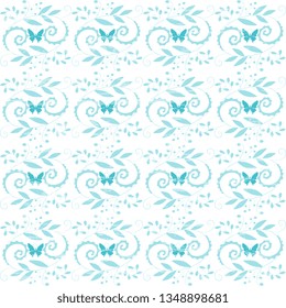 Seamless vector pattern with a gently blue twisted pattern and butterflies on a white background, artistic ,textured. Natural illustrations. Beautiful wrapper, cover, textiles, wallpaper design.