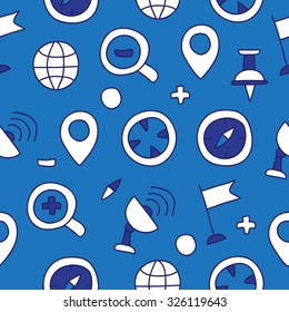 Seamless vector pattern of geo-location icons on a blue background, hand-drawn.