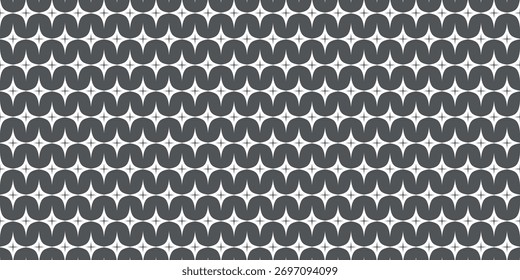 Seamless vector pattern with geometric abstract shapes, retro style curves, star elements, modern black white background, decorative textile print, wallpaper, wrapping paper, stylish minimal design