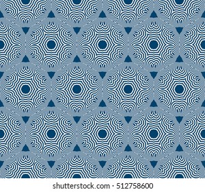 Seamless vector pattern. Geometric abstraction. Silver on the blue indigo. Vector illustration. For the interior design, wallpaper,
