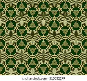 Seamless vector pattern. Geometric abstraction. Gold on the green. Vector illustration. For the interior design, wallpaper