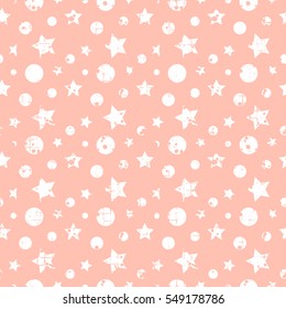 Seamless vector pattern. geometric background with stars, dots, circles. Pink Grunge texture with attrition, cracks and ambrosia. Old style vintage design. Graphic illustration