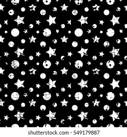 Seamless vector pattern. geometric background with stars, dots, circles. Grunge texture with attrition, cracks. Old style vintage design. Graphic illustration