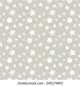 Seamless vector pattern. geometric background with stars, dots, circles. Grey Grunge texture with attrition, cracks. Old style vintage design. Graphic illustration
