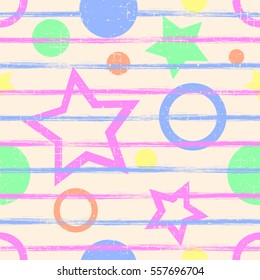 Seamless vector pattern. geometric background with geometric figures, forms, stars, circles. Grunge texture with attrition, cracks and ambrosia. Old style vintage design. Graphic illustration.