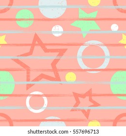 Seamless vector pattern. geometric background with geometric figures, forms, stars, circles. Grunge texture with attrition, cracks and ambrosia. Old style vintage design. Graphic illustration.