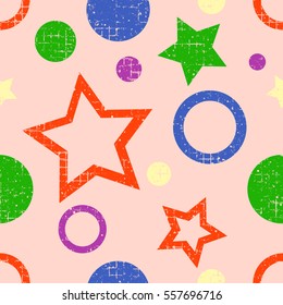 Seamless vector pattern. geometric background with geometric figures, forms, stars, circles. Grunge texture with attrition, cracks and ambrosia. Old style vintage design. Graphic illustration.