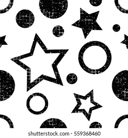 Seamless vector pattern. geometric background with geometric figures, forms, stars, circles. Grunge texture with attrition, cracks and ambrosia. Old style vintage design. Graphic illustration..