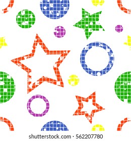 Seamless vector pattern. geometric background with geometric figures, forms, stars, circles. Grunge texture with attrition, cracks and ambrosia. Old style vintage design. Graphic illustration..
