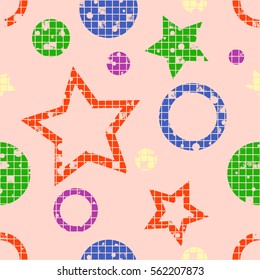 Seamless vector pattern. geometric background with geometric figures, forms, stars, circles. Grunge texture with attrition, cracks and ambrosia. Old style vintage design. Graphic illustration
