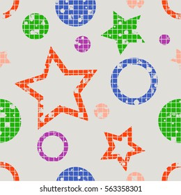 Seamless vector pattern. geometric background with geometric figures, forms, stars, circles. Grunge texture with attrition, cracks and ambrosia. Old style vintage design. Graphic illustration..