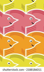 Seamless vector pattern with geometric birds in M.C. Escher style. Happy confident freedom doves in bright lemon lime green, watermelon pink and marigold orange. 