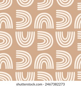 Seamless vector pattern geometric boho white rainbow on warm brown, kids textile, baby packaging