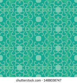 A seamless vector pattern with geometric and botanical motifs in jade green. Surface print design.