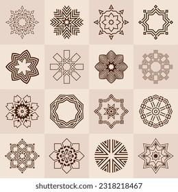 Seamless vector pattern with geometric circular ornaments isolated on square tiles. Symmetric geometric shapes pattern. Brown color. Geometric lace deco elements. Vector color background.