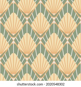 Seamless vector pattern with geometric clam fan on green background. Simple retro nature wallpaper design. Decorative vintage calm fashion textile.