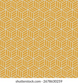 Seamless vector pattern with geometric cube illusion design in yellow and white, abstract modern background, repeating 3D hexagon texture, contemporary decorative surface for wallpaper and fabric