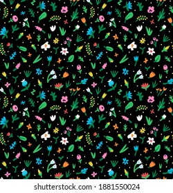 Seamless vector pattern with geometric elements and flowers on a black background. Abstract floral shapes in hand-drawn style. Trendy design with flowers. Stock illustration. 