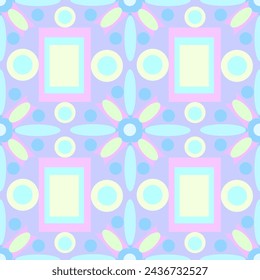 Seamless vector pattern with geometric and floral patterns in tandem, soft lilac, blue trendy fashionable colors. Suitable for interior, print, wallpaper, fabric, clothing, stationery.

