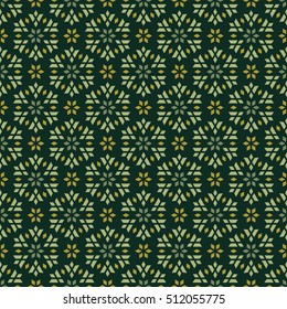 Seamless vector pattern of geometric flowers in green and ocher colors. It can be used for scrap-booking, textile and clothes printing, web design or packaging materials.
