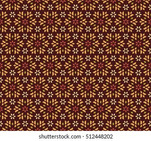 Seamless vector pattern of geometric flowers and leaves on brown background. It can be used for scrap-booking, textile and clothes printing, web design or packaging materials.