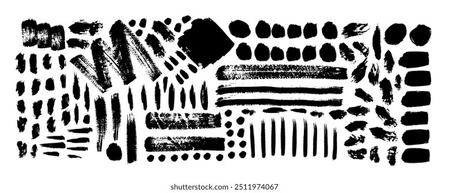 Seamless vector pattern with geometric motives in retro style. Abstract geometric decorative background. Hand drawn square,  circle, curved round lines. Black wide brush strokes. 