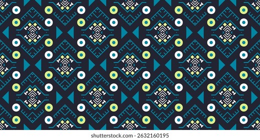 Seamless vector pattern with geometric ornament of circles, stripes and triangles in dark palette. Dynamic colorful contrast design for printing on textiles, fabrics, wallpapers, paper
