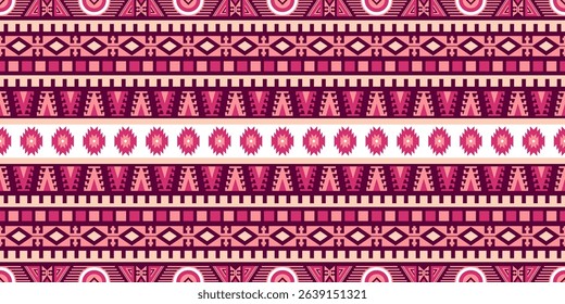 Seamless vector pattern with geometric ornament in pink palette. Ethnic style design with Peruvian, Mexican, Aztec motifs. Decorative print for textiles, fabrics, wallpapers, paper and other surfaces.