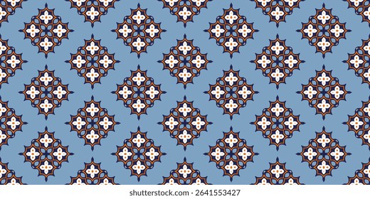 Seamless vector pattern with geometric ornament in oriental style. Arabic design for textile, fabric, wallpaper. Turkish decorative motifs in contrast palette. Ethnic abstract background.