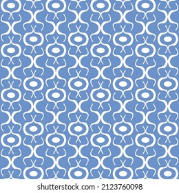 Seamless vector pattern in geometric ornamental style. Simple circle and wavy pattern on blue background.