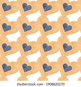 Seamless vector pattern with geometric rounded hearts. Romantic orange and blue decorative background for Valentine's Day, weeding or birthday designs. Cute abstract ornamental illustration.